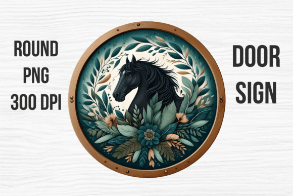 Black Horse Teal Floral Wreath Door Sign